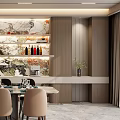 Elegant Modern Restaurant Interior With Dining Table Beige Chairs Wall Artwork And Wine Rack 3d model