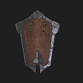 Medieval Weapon Shield With Wooden Body Metal Accents Circular Center And White Wing Patterns