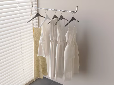 White Dresses Hanging On Hanger With White Blinds And Yellow Curtain Nearby 3d model
