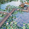 Tranquil Garden Pond With Lotus Leaves Wooden Bridge And Koi Fish