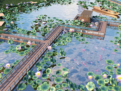 Tranquil Garden Pond With Lotus Leaves Wooden Bridge And Koi Fish 3d model