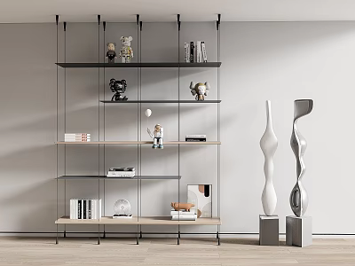Modern Open Bookshelf With Metal Frame Wooden Shelves Books And Decorative Sculptures 3d model