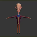 3D Bald Headed Cartoon Character With Big Eyes Purple Coat Blue Shirt And Arms Outstretched