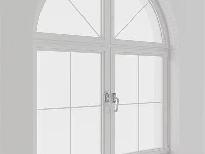 Sleek White Double Casement Windows With Grid Panes Handles And Arched Top 3d model