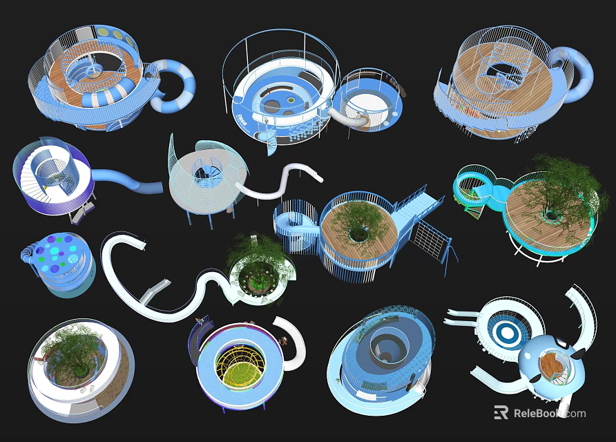 Colorful Outdoor Playground Equipment With Circular Slides Platforms And Green Plants For Kids 3d model 