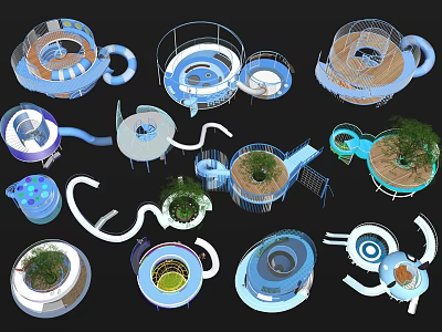 Colorful Outdoor Playground Equipment With Circular Slides Platforms And Green Plants For Kids 3d model