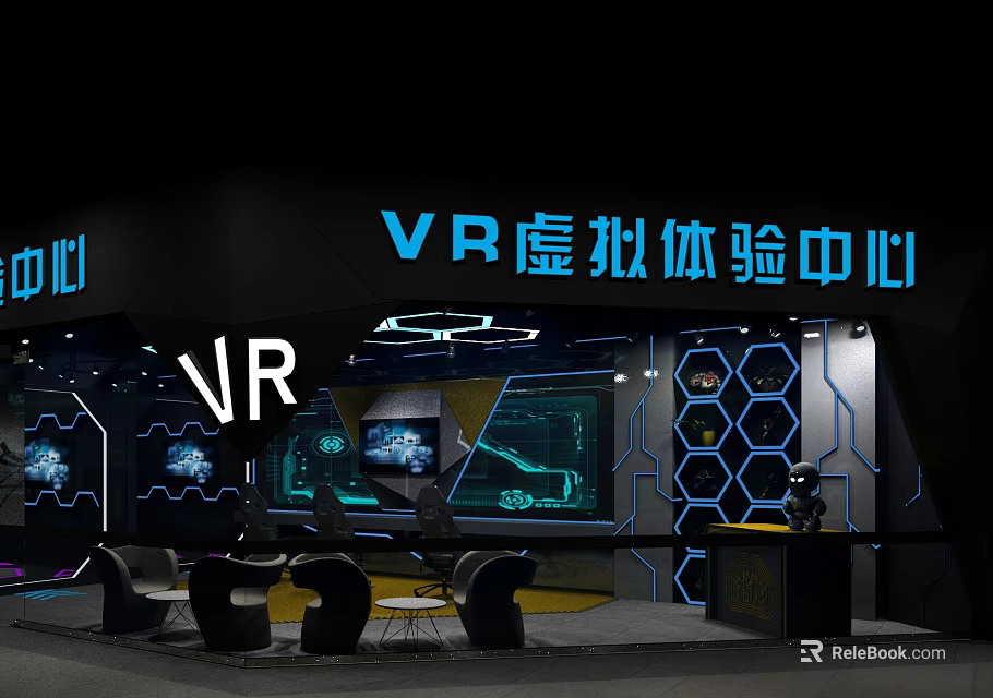 VR Virtual Experience Center Interior With Blue Lighting Hexagon Walls And Screens 3d model 