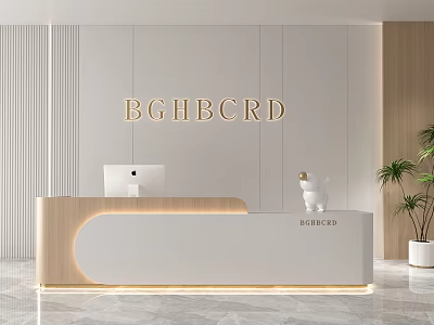 Modern Reception Desk Interior With Computer Decorative Ornament And Green Plant 3d model