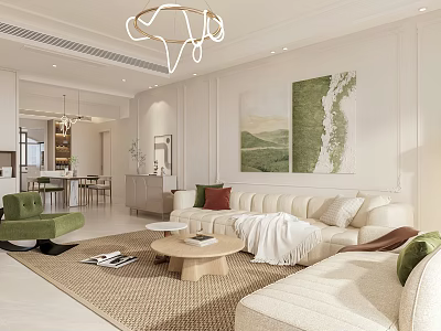 Elegant Living Dining Room Interior With Beige Sofa Green Armchair Coffee Table Rug And Paintings 3d model
