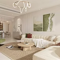 Elegant Living Dining Room Interior With Beige Sofa Green Armchair Coffee Table Rug And Paintings