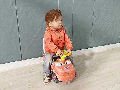 Boy in Orange Jacket Sitting on Yellow Toy Car Against Gray Wall and Light Floor 3d model