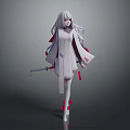 Anime Inspired Game Movie Character With Long White Hair And Red Accented Outfit Holding Sword