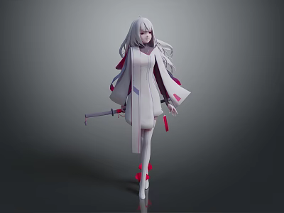 Anime Inspired Game Movie Character With Long White Hair And Red Accented Outfit Holding Sword 3d model