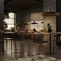Modern Industrial Café Interior With Green Plants And Wooden Furniture