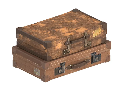 Vintage Brown Leather Suitcases Stacked With Metal Clasps And Labels 3d model
