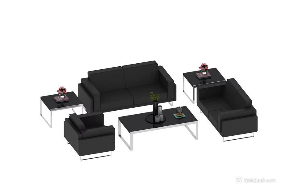 Modern Black Sofa and Coffee Table Set with Armchairs Side Tables and Vases 3d model