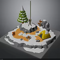 Winter Outdoor Camp Scene With Snowy Tree Yellow Tent Campfire And Signpost