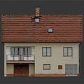 Colorful Cartoon Scene with a House Red Roof Beige Walls Chimney Balcony Windows and Reflection