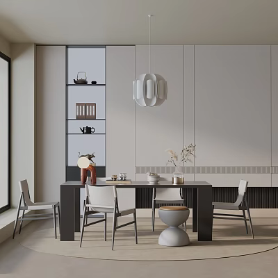 Modern Minimalist Dining Table Set With Four Chairs White Pendant Light And Light Gray Cabinets 3d model