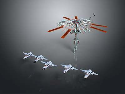Space Satellite Structure With Red Solar Panels And Small Spacecraft Formation 3d model