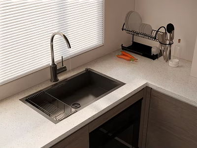 Modern Kitchen Faucet Above Stainless Steel Sink With Countertop Dish Rack And Carrots 3d model