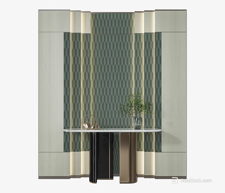 Elegant Textured Background Wall With Green Beige Striped Pattern And Decorative Plant 3d model 