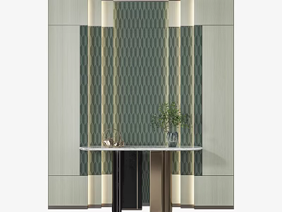 Elegant Textured Background Wall With Green Beige Striped Pattern And Decorative Plant 3d model