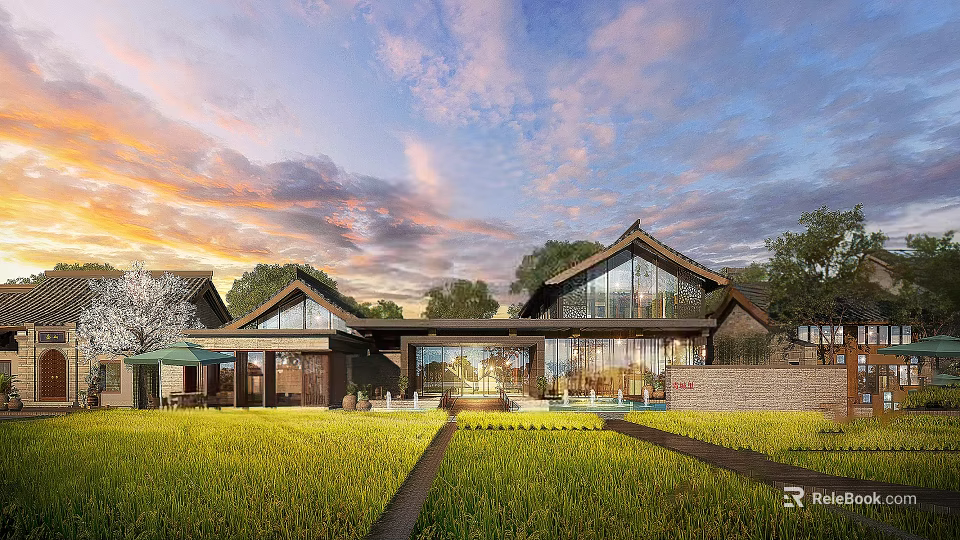Modern Rural Residence With Large Glass Windows Green Grass Field And Sunset Sky 3d model 