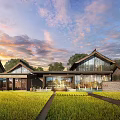 Modern Rural Residence With Large Glass Windows Green Grass Field And Sunset Sky