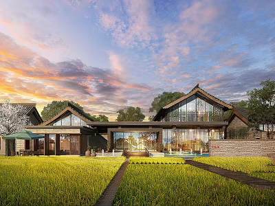 Modern Rural Residence With Large Glass Windows Green Grass Field And Sunset Sky 3d model