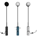 Three Modern Floor Lamps With Textured Black Blue Gray Bases And Round White Shades