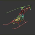 Red Mechanical Helicopter Model With Rotor Blades Engine And Ski Landing Gear