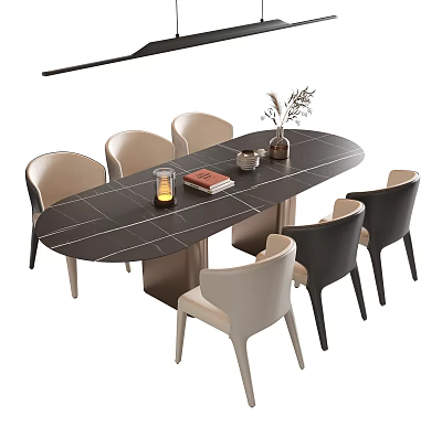 Modern Oval Dining Table Set with Beige Black Chairs Decorative Vase Book Candle Holder 3d model