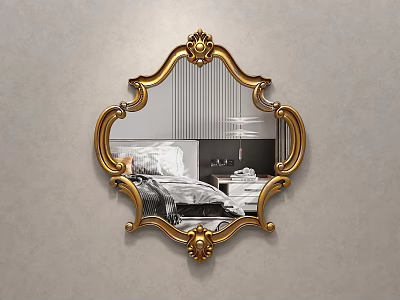 Ornate Gold Framed Decorative Mirror Mounted On Wall Reflecting Bedroom Interior 3d model