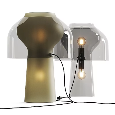 Two Modern Table Lamps With Translucent Shades Lit Bulbs And Cylindrical Bases 3d model