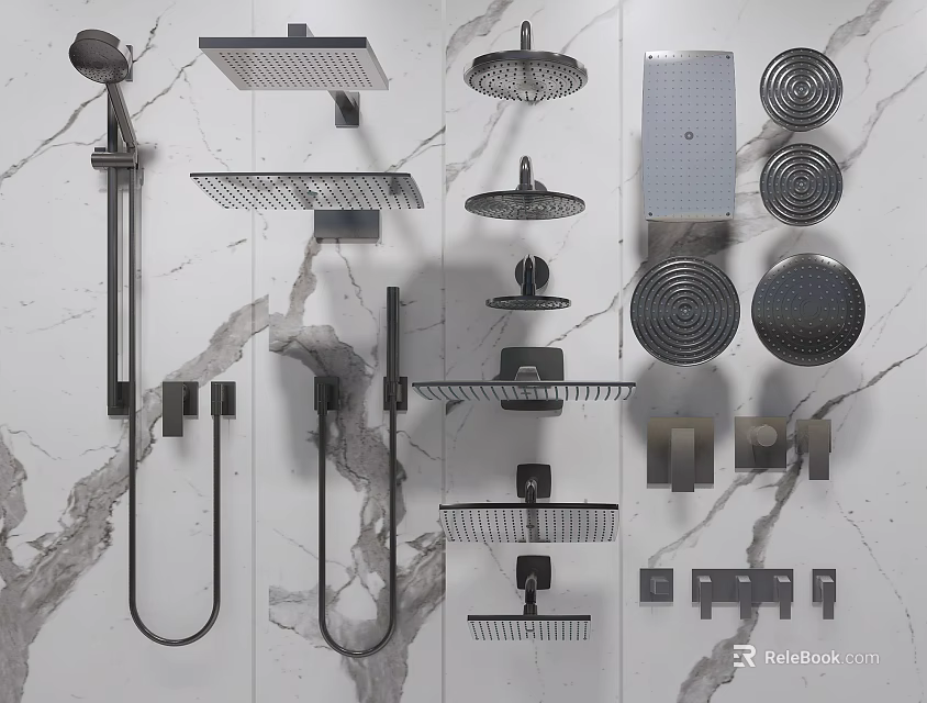 Different Types of Shower Heads and Components Displayed on Marble Wall 3d model 