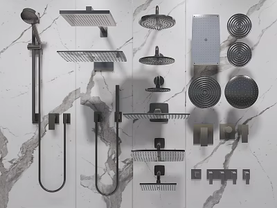 Different Types of Shower Heads and Components Displayed on Marble Wall 3d model