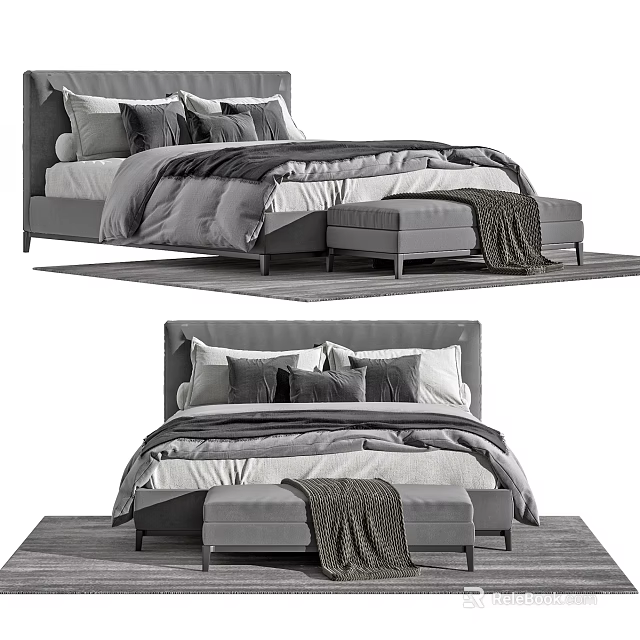 Modern Gray Double Bed with Multiple Pillows Footstool and Cozy Blanket 3d model