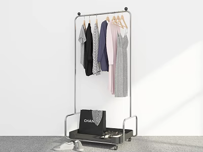Clothing Rack with Hanging Clothes and Bottom Shelf Holding CHANEL Bag and Shoes on Wheels 3d model
