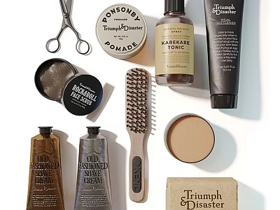 Stylish Essential Bathroom Accessories Including Brush Soap Cream Pomade And Tonic For Daily Care 3d model