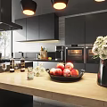 Modern Kitchen Interior With Wooden Island Pendant Lights Wine Crates And Large Windows