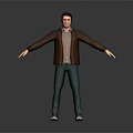 3D Game Movie Character Wearing Brown Jacket Shirt Green Pants And Sneakers With Arms Outstretched