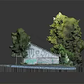 Cartoon Scene Featuring Textured Brick Wall Green Trees Wooden Roof And Small Platform