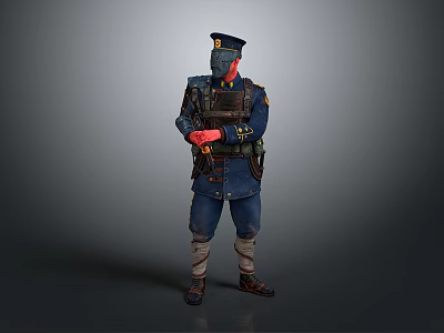 Tactical Uniformed Character Standing With Crossed Arms Helmet Mask And Blue Gear 3d model