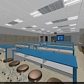 Modern Laboratory Interior Design With Blue Workbenches Rolling Stools And Wall Cabinets 3d model