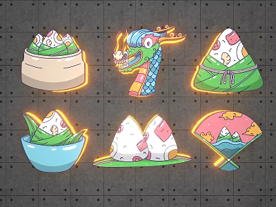 Various Traditional Zongzi And Dragon Boat Festival Elements With Colorful Illustrations 3d model