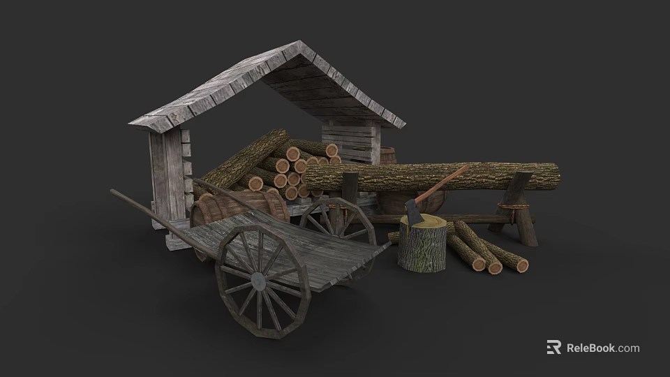 Stacked Logs In Stone Roof Shed With Wooden Cart Axe And Stump 3d model 