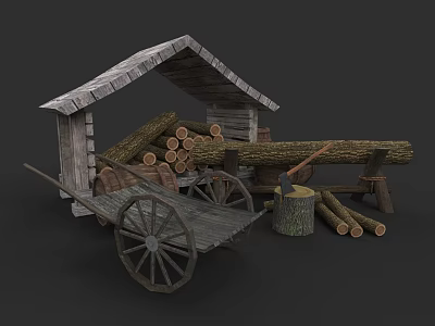 Stacked Logs In Stone Roof Shed With Wooden Cart Axe And Stump 3d model