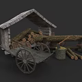 Stacked Logs In Stone Roof Shed With Wooden Cart Axe And Stump