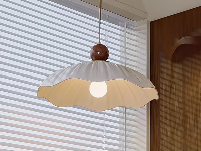 Modern White Petal Shaped Pendant Light With Brown Wooden Top And Blinds Background 3d model
